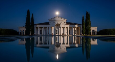 Obraz premium Serene nocturnal view of a classical villa and its pool reflection