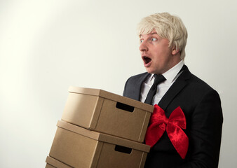 happy man carry boxes with orders. Businesswoman with carry delivery 