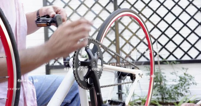 Cyclist repairing pedal threading and tightening after assistant pointing, with formulas overlaying