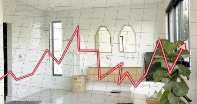 Red zigzag line appearing left, traveling across bathroom grid, rising and dropping, showing trend