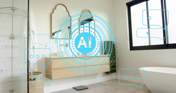Blue AI overlay appearing emitting chat icons camera panning right revealing vanity tub for alerts
