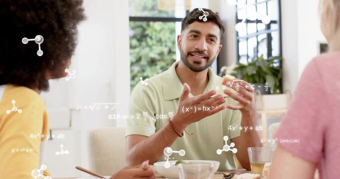 Woman lifting fork leading man in green polo reaching smiling explaining science formulas appearing