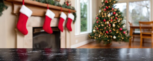 Festive living room with christmas tree and stockings behind black marble countertop