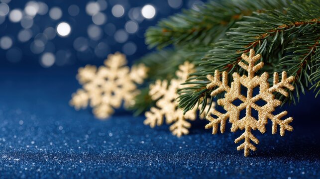 Elegant winter holiday background with golden snowflakes and pine branches