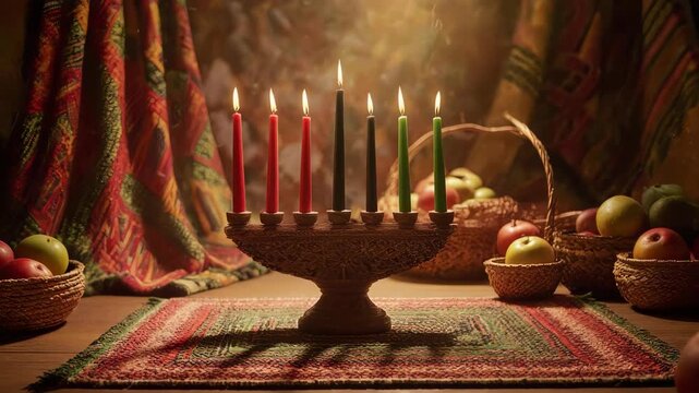 Kwanzaa Celebration: Kinara with Burning Candles and Festive Decorations