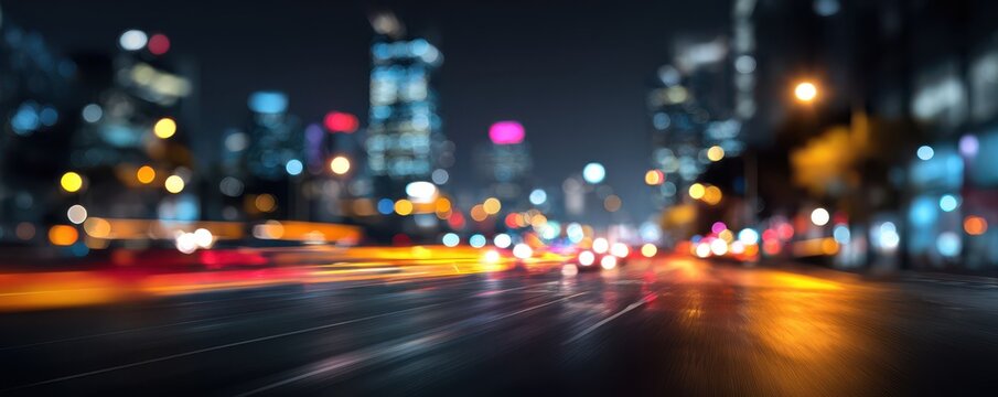 Nighttime urban scene with vibrant light trails of moving cars on a city street