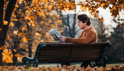 Peaceful Old Man Reading Newspaper on Park Bench in Autumn