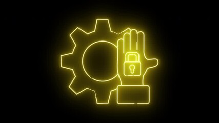 Yellow neon outlines a gear hand with lock  sleeve shape against a black backdrop