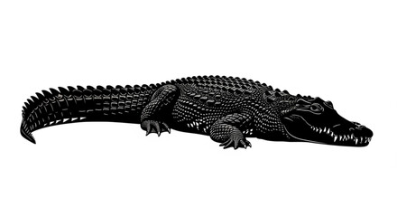 Detailed black and white illustration of an alligator lying down with its tail extending out fully