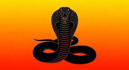 Black cobra with hood extended on an orange and yellow gradient background in a striking illustration