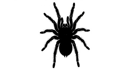 Silhouette of a tarantula spider with eight legs and hairy body on a plain white background view from above
