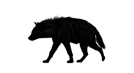 Silhouette of a wolf walking with its head down and a bushy tail on a white background image view