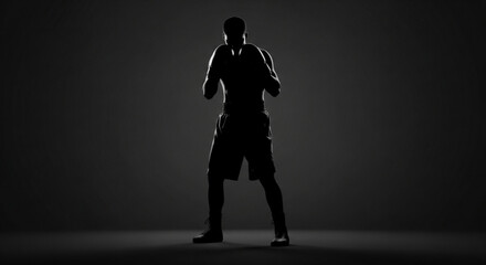 Silhouette of a boxer in fighting stance wearing boxing gloves against a dark gradient background image
