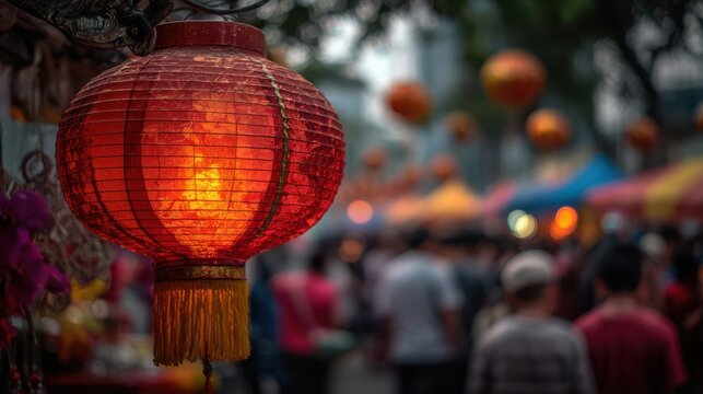 Chinese new year lantern festival with blurred festive crowds in background