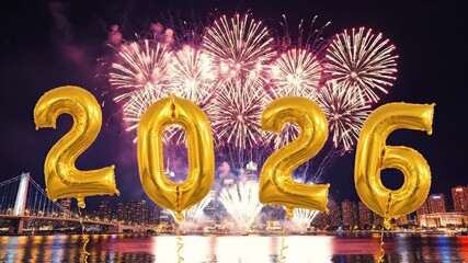 Golden balloons celebrate the new year 2026 with a city skyline and fireworks display - Powered by Adobe