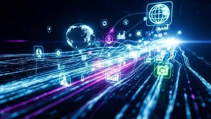 Dynamic digital network streams with global data icons, representing fast-paced connectivity and innovation. - Powered by Adobe