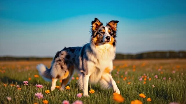 Australian shepherd dog standing in a field of flowers under a bright blue sky outdoors dog video