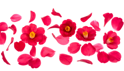 Vibrant red camellia blossoms and delicate scattered petals create a beautiful floral display against a pristine white backdrop, symbolizing natural beauty and spring elegance