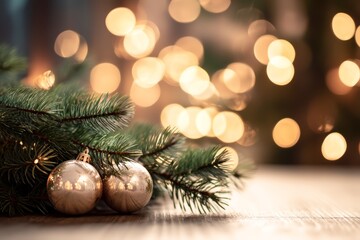 Obraz premium Christmas-themed bowling scene with a decorated pine branch and golden ornaments. Soft bokeh lights create a festive atmosphere. copy space