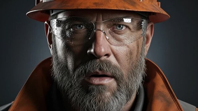 A rugged construction worker in safety glasses and a hard hat looks intently at the camera