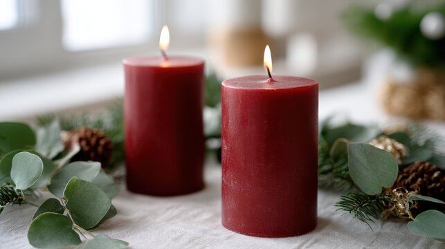 Festive christmas table decorations with red candles and greenery for holiday ambiance - Powered by Adobe