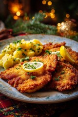Golden crispy schnitzel served with potato salad and lemon slices rests on a festive tablecloth in warm Christmas light.