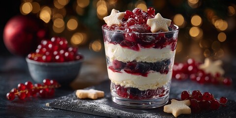 Layered berry trifle in tall glass with mascarpone cream, red currant jelly stars, and powdered sugar dusting styled for the holidays.