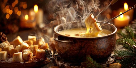 Melting cheese fondue in a rustic pot with bread cubes on skewers steams beside holiday candles and pine branches.