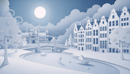 Obraz premium Winter fairytale of Amsterdam: paper boat on canal and windmill