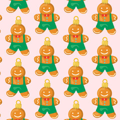 Vector seamless pattern with gingerbread men wearing green pants and red buttons. Cute Christmas design for baking themes, wrapping paper, or children s decor.