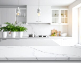 Light kitchen counter with blurred interior brightness white