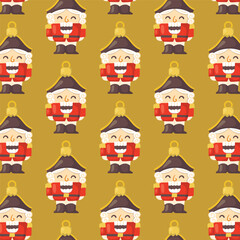 Vector seamless pattern with cute Nutcracker characters on golden background. Holiday illustration for gift wrap, greeting cards, or New Year decoration projects.