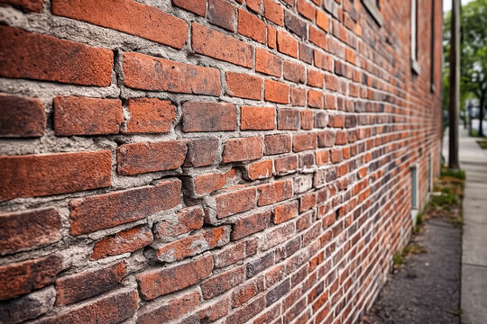 weathered red brick exterior building wall with some damage and view of sidewalk. construction, tuckpointing, and architectural background.