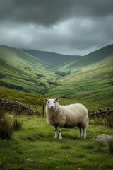 Fototapeta premium Fluffy Irish sheep graze on lush green hills bordered by low stone fences under a dramatic cloudy sky.