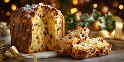 Obraz premium Tall panettone loaf sliced open to show airy texture and raisins inside, surrounded by festive ribbons and warm Christmas lights. Traditional in Italy and Switzerland.
