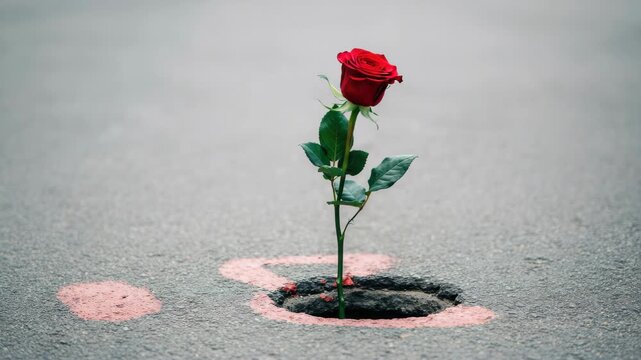 Hand places red rose in pothole on road
