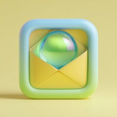 Colorful 3D envelope icon with a transparent bubble on a soft yellow background
