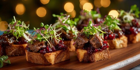 Obraz premium Beef roast canapes arranged on a wooden board are topped with cranberry glaze and microgreens. Warm holiday bokeh adds a festive Christmas feel.