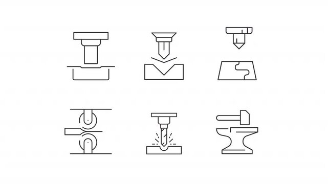 Animated metal processing equipment line icons. Machines and tool operating with steel animation set. Metalworking technology. Outline elements on white background. HD video with alpha channel