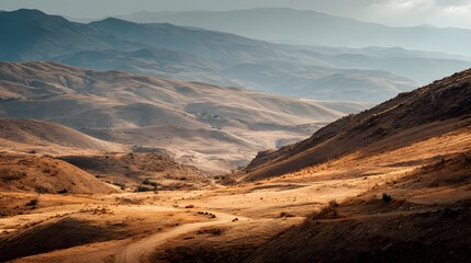 Naklejka premium Breathtaking Golden Hour Light Illuminates Vast Arid Mountain Landscape with Winding Roads and Distant Peaks Under a Cloudy Sky.