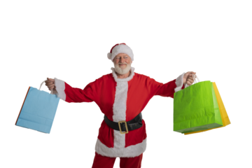Happy Santa Claus Holding Colorful Shopping Bags - Christmas Shopping Concept