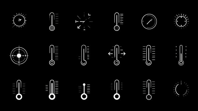Set of white outline weather and temperature icons on a black background. Climate control, forecast, and measurement UI elements.
