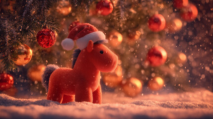 red toy horse in santa hat near christmas tree