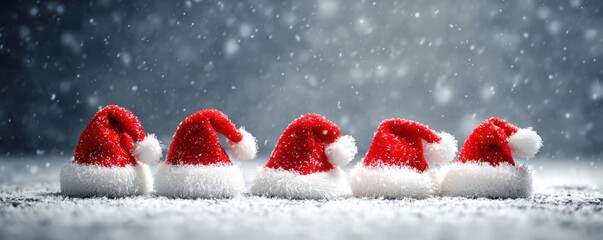 Festive santa hats in a row on snowy background for holiday decor or christmas card design
