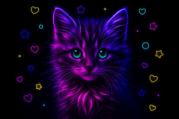 AI generated neon fantasy cat portrait featuring glowing fur lines in purple pink and blue on a dark background with bright green eyes and floating neon heart and star shapes