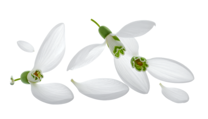 Delicate white snowdrops suspended in mid-air against a clean white background, artfully arranged