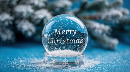 Merry christmas text in snow globe on blue background for festive decoration
