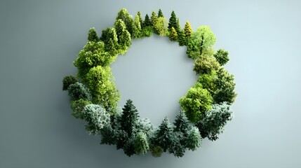Circular arrangement of diverse trees symbolizing natures cycle and environmental harmony.
