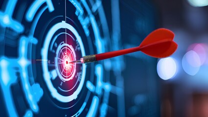 Arrow hitting digital target bullseye with futuristic technology concept, business strategy achievement, precision accuracy performance result, innovation solution, AI visualisation, data network