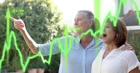 Two women standing poolside, taller pointing, animated green finance graph rising, tracking returns - Powered by Adobe